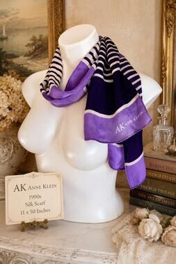Vintage AK Anne Klein 1990s Silk Scarf Striped Purple Lavender 11x50